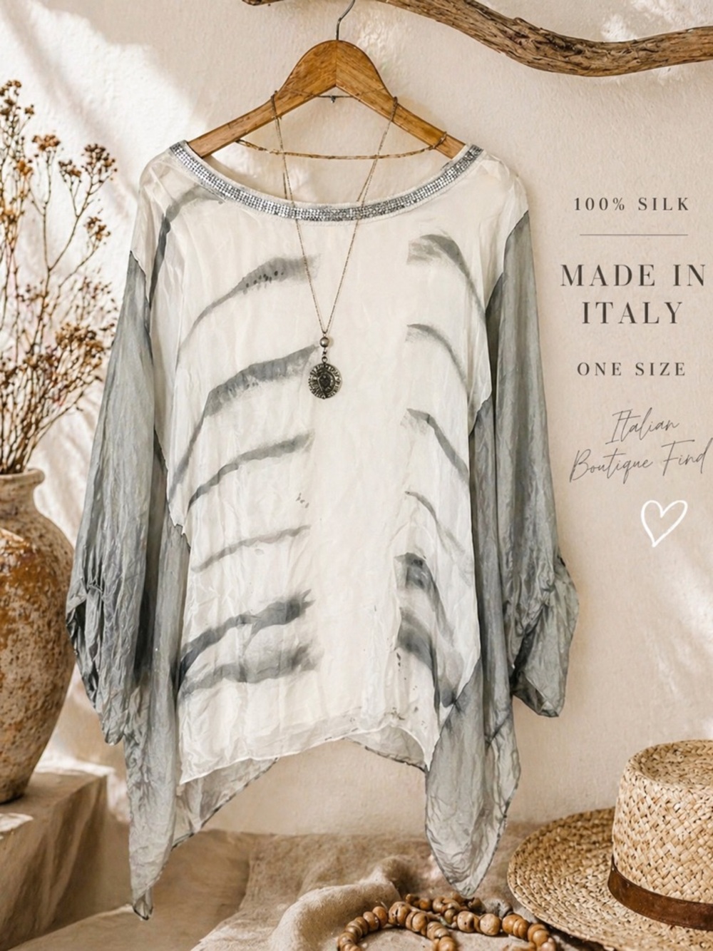 Made in Italy 100% Silk Abstract Poncho Blouse One Size Italian boutique brand